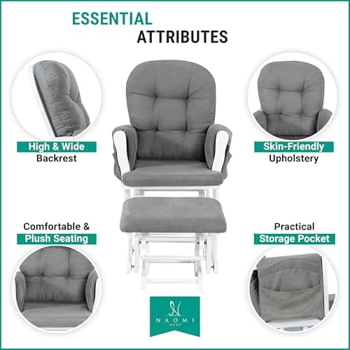 Nursery Glider & Ottoman Set, Reclining Rocker with Padded Arms - White, Dark Gray