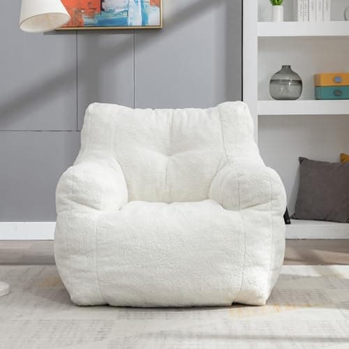 Hison Fluffy Bean Bag Chair with Armrests (White)