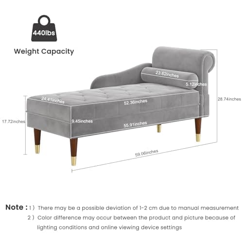 Vesgantti 59" Velvet Chaise Lounge, Right Armrest, Lumbar Pillow, Light Gray