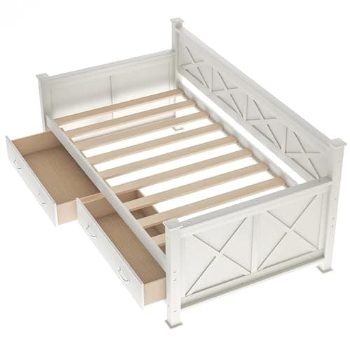 White Farmhouse Twin Daybed with Storage, Pine Wood Frame (No Spring Box)