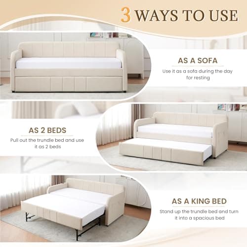 Beige Velvet Tufted Twin to King Extendable Daybed with USB Port