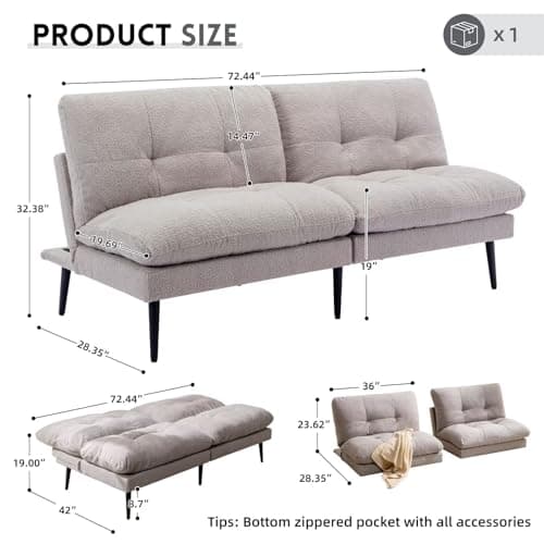 Modern Splitback Futon Couch Bed with Adjustable Backrest, Grey
