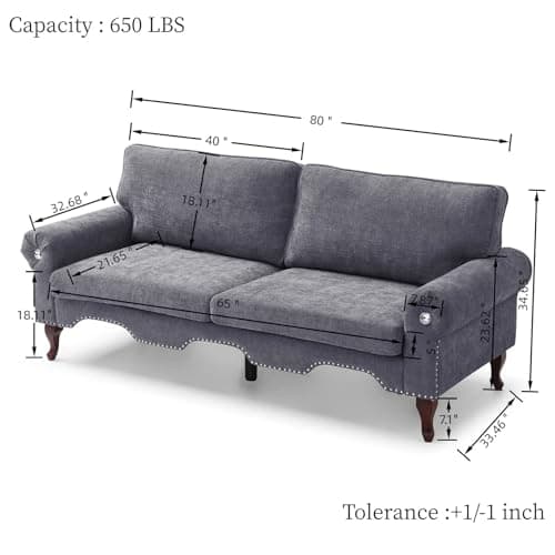 Antetek Grey 80-inch 3-Seater Couch with Crystal Tufting & Nailheads Trim