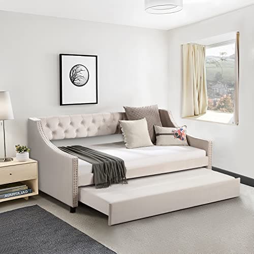 Modern Beige Full Size Button Tufted Velvet Daybed with Trundle