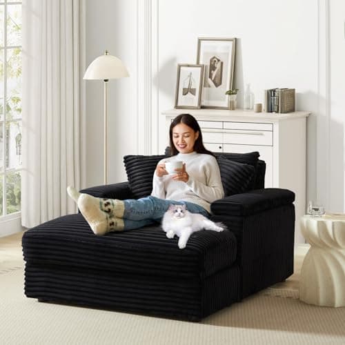 Midcentury Black Comfy Corduroy Chaise Lounge for Living Room, Bedroom, Apartment
