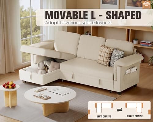Homall L-Shaped Sleeper Sofa with Storage, Beige Linen Fabric