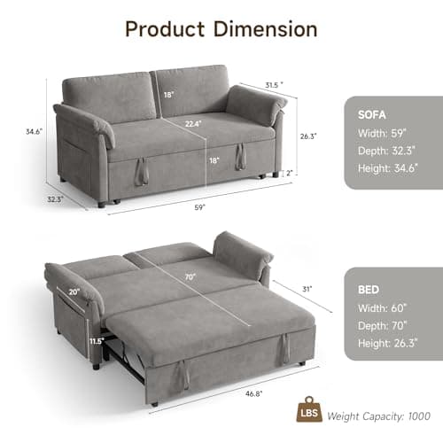 3-in-1 Chenille Convertible Sofa Bed with Pull-Out Bed, Grey