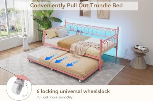 GarveeHome Twin Daybed with Trundle
| Day Bed with Charging Station & LED Lights
| Metal Sofa Bed Frame with Pull Out Trundle for Living Room and Bedroom