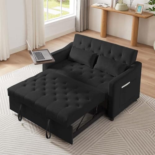 Antetek 3-in-1 Convertible Sofa Bed w/360° Rotating Side Table, Modern Velvet Sofa, White