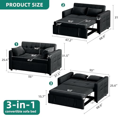 YITAHOME 55" 3-in-1 Convertible Sofa Bed, Black Full Size