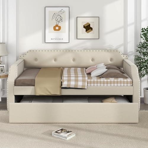 LZ LEISURE ZONE Beige Twin Size Daybed with Trundle for Bedroom Living Room