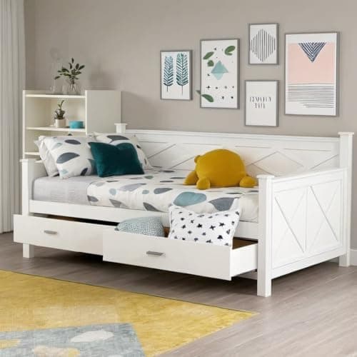 White Farmhouse Twin Daybed with Storage, Pine Wood Frame (No Spring Box)