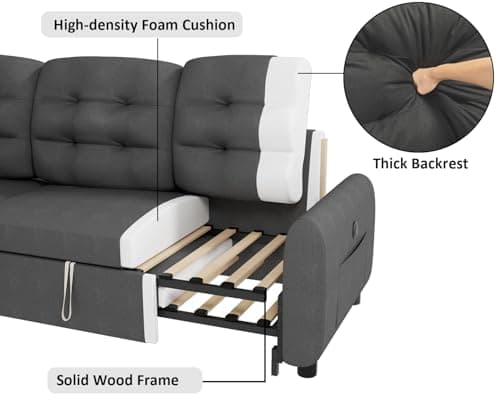 87 Sleeper Sectional Sofa Bed with Storage Chaise - Dark Grey Linen Fabric