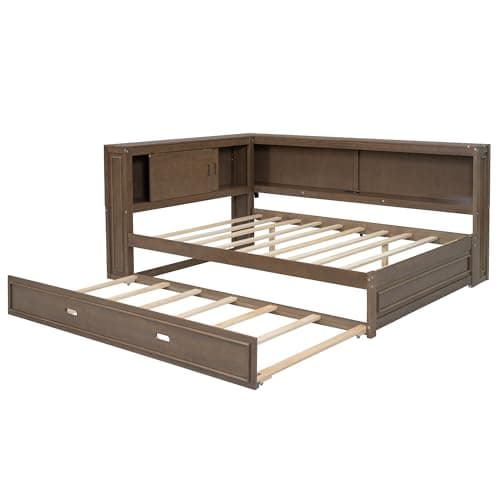 Full Size L-Shaped Floor Bed with Storage, Charging Station, & LED Headboard