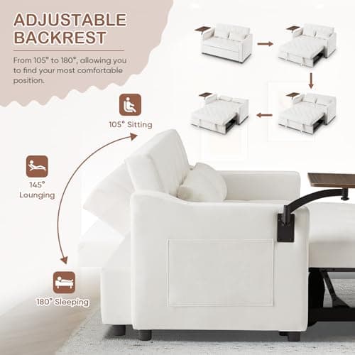 Antetek 3-in-1 Convertible Sofa Bed w/360° Rotating Side Table, Modern Velvet Sofa, White