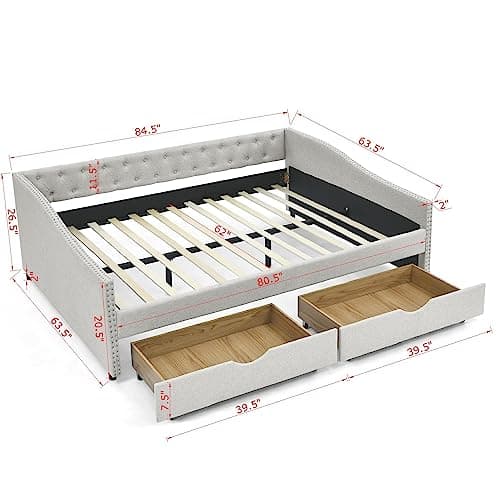 Upholstered Queen Size Daybed with Storage Drawers
