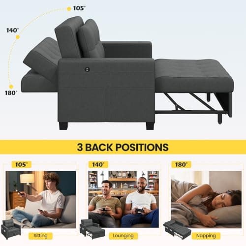 Yaheetech Dark Gray Convertible Sofa Bed with Adjustable Backrest & Charging Ports