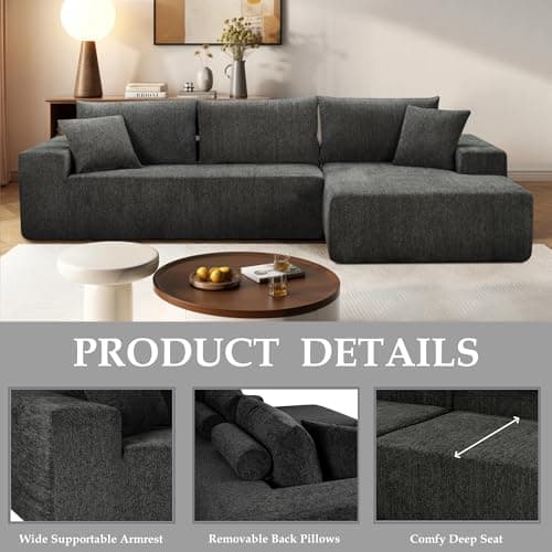 108" Dark Gray Modern Minimalist Chenille Sectional with L-Shape Chaiseeci:.Products:Living Room Sofa