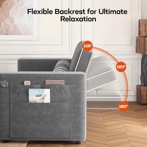 Amada 3-in-1 Convertible Couch Bed, Living Room Futon with USB Pockets (Grey)
