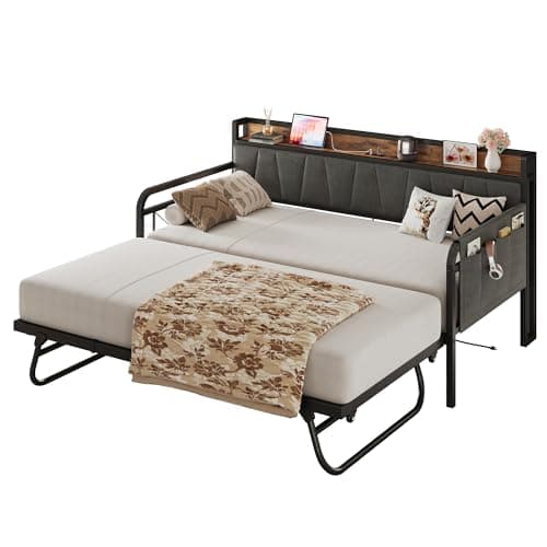 LIKIMIO Grey Twin Daybed with Trundle Bed and Storage Headboard for Living Room, Bedroom, and Guest Room, Strong Supports and Charging Station
