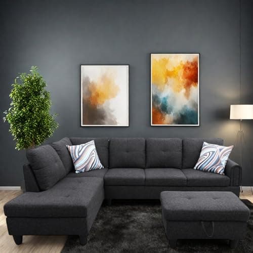 L-Shaped Couch with Chaise, 6 Seat Modern Living Room Sectional in Black/Grey with Storage