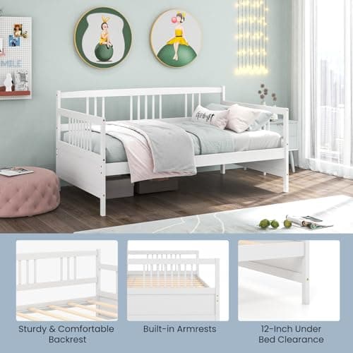 Giantex Twin Daybed Frame, Wooden Guest Bed with Rails, White