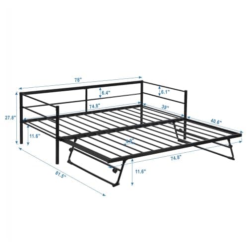 Modern Metal Twin Day Bed with Pop Up Trundle, Steel Slat Support (Black)