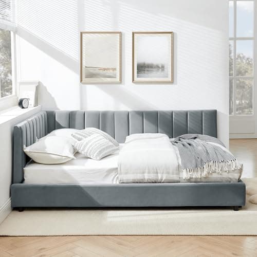 Antetek Gray Modern Tufted Velvet Full Size Corner Sofa Bed Frame
