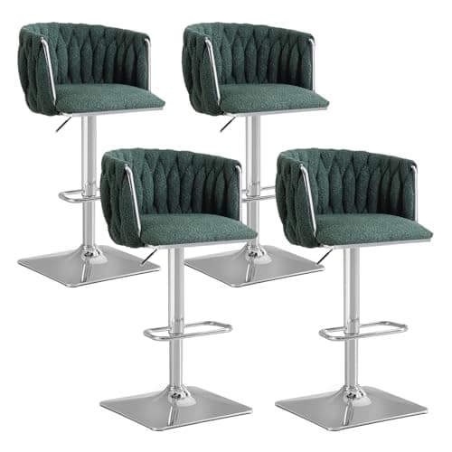 Antetek Modern Swivel Bar Stool Set, Adjustable Height, Woven Back, Silver Base, Blue Teddy