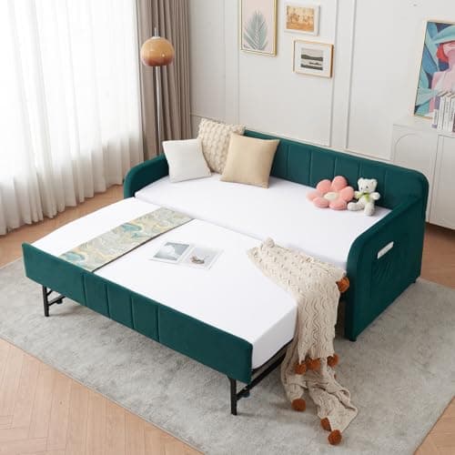 Twin Daybed with Pop Up Trundle for Guest Room Bedroom | Velvet Tufted Upholstered Twin to King Size Daybed Frame | Beige  
Pop Up Trundle Daybed for Guest Room | Velvet Tufted Upholstered Twin to King Size | Beige  
Twin to King Size Daybed with Pop