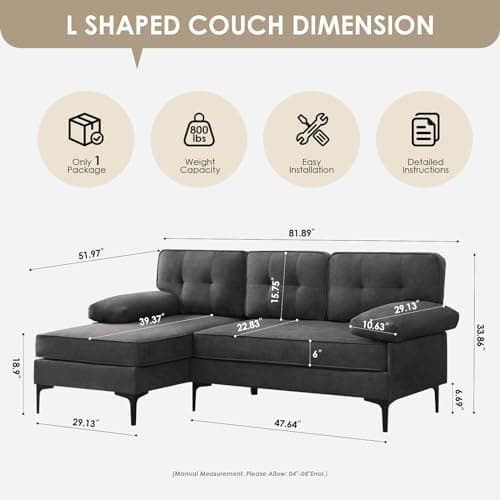 Snowflake Velvet Reversible Chaise Sectional Sofas, Dark Grey, 82" L Shaped Set