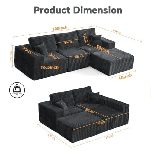 108" L-Shaped Cloud Couch, Grey, No Assembly Required