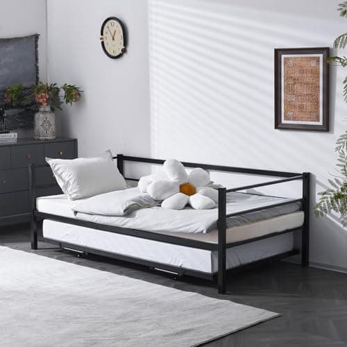 Metal Daybed with Trundle for Twin Size Mattress, No Box Spring Required - Black