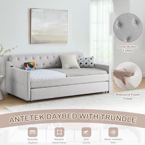 Modern Beige Antetek Daybed with Pop-Up Trundle & USB Ports - Twin to King Sofa Bed Frame for Bedroom & Living Room
