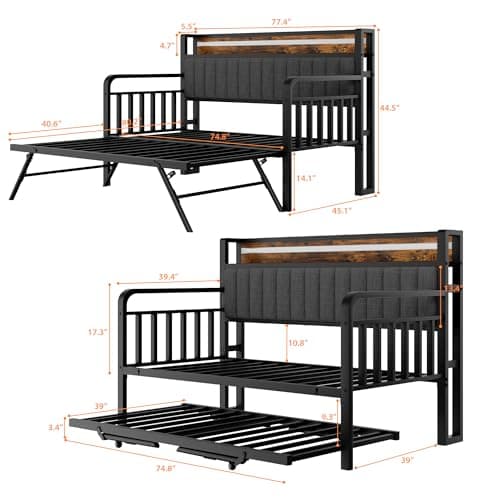 Heavy Duty Metal Twin Daybed with Trundle & LED Light (Brown)