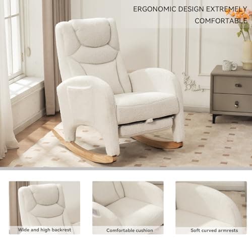 FOXHUNTER Modern Glider Chair with Footrest & Solid Wood Legs, High Backrest & Side Pocket, Teddy Ivory
