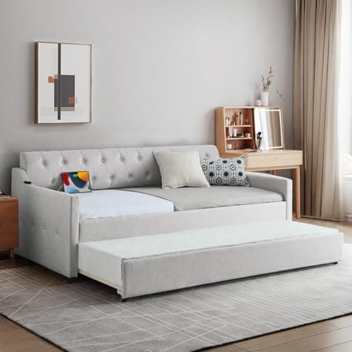 Modern Beige Antetek Daybed with Pop-Up Trundle & USB Ports - Twin to King Sofa Bed Frame for Bedroom & Living Room
