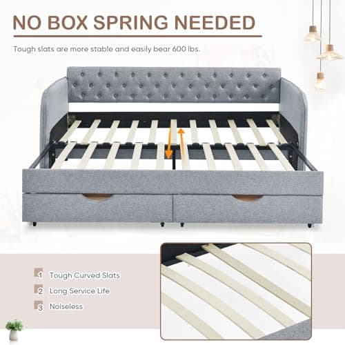 Modern Upholstered Daybed with Trundle Bed: Twin to King, Storage Drawer, Grey