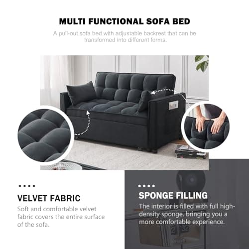 3-in-1 Velvet Sleeper Sofa Bed with Armrests & Storage, Adjustable Backrest, Black