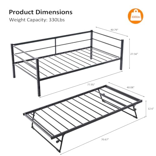Metal Daybed with Trundle for Twin Size Mattress, No Box Spring Required - Black