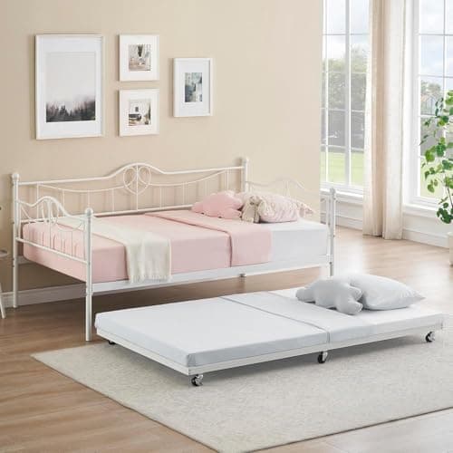 Modern Steel Slat Twin Daybed with Pull Out for Kids & Living Room, White