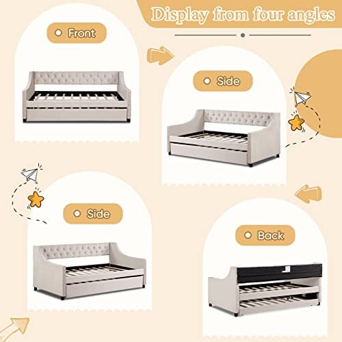 Modern Beige Full Size Button Tufted Velvet Daybed with Trundle