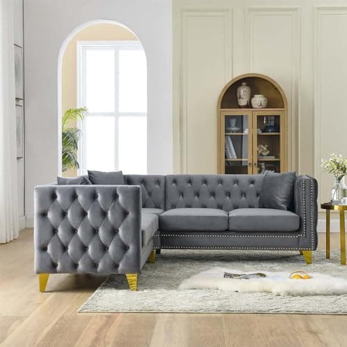 Modern Button Tufted Velvet L-Shaped Couch with Gold Nail Heads for Living Room