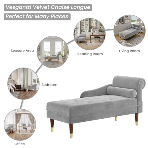Vesgantti 59" Velvet Chaise Lounge, Right Armrest, Lumbar Pillow, Light Gray
