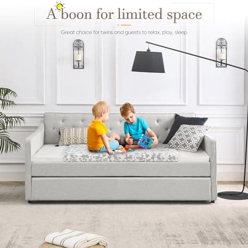 Antetek Beige Fabric Twin Daybed with Pull-Out Trundle & No Box Spring