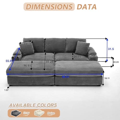 Oversized Grey Double Chaise Lounge with Ottomans and Armrest Storage for Living Room or Bedroom
Oversized Grey Corduroy Chaise Lounge with Cup Holder and USB Port for Living Room or Bedroom
Oversized Grey Chaise Lounge with Armrest Storage, Cup Hold