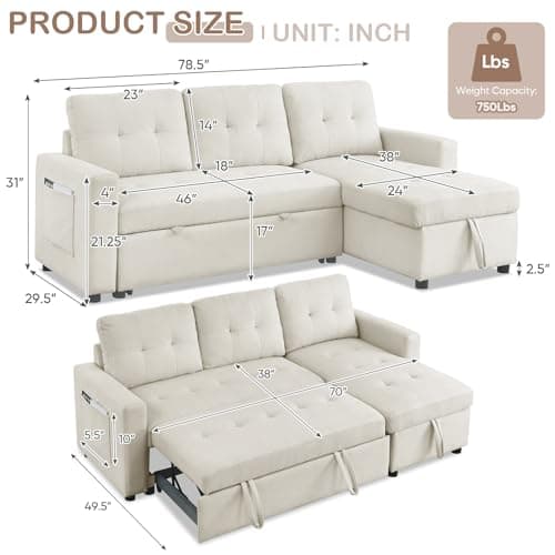 Antetek Reversible Sleeper Sectional Sofa with Storage Chaise, Beige