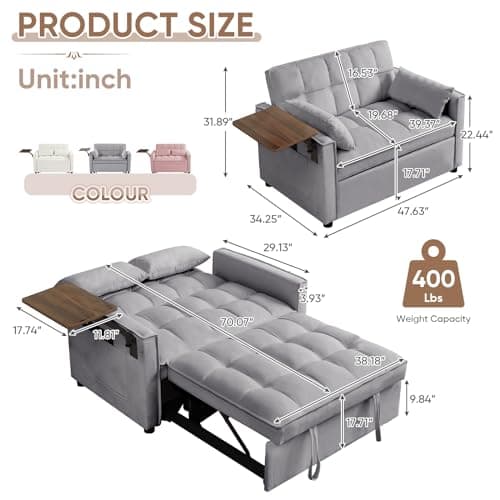 Antetek 3-in-1 Convertible Sofa Bed with Rotating Side Table - 47 Modern Velvet Loveseat for Small Spaces in Living Room, Apartment, or Office, Grey