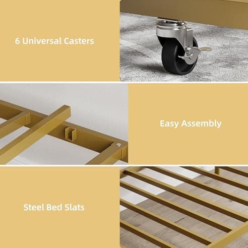 Modern Gold Metal Day Bed with Floral Headboard, Heavy Duty Steel Slats Supports