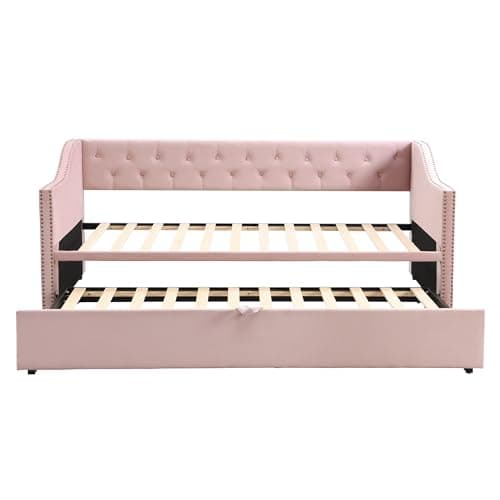 Extendable Velvet Upholstered Daybed with Pop-Up Trundle, Pink Bed Frame (Twin to King)